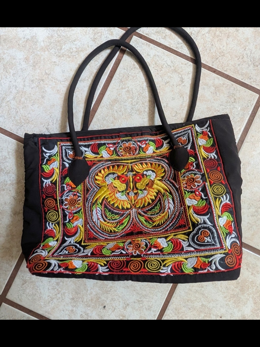 Vintage Embroidered Black Tote